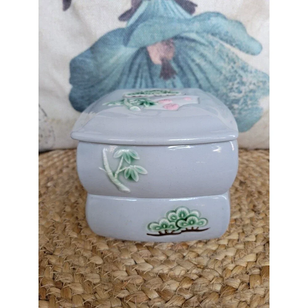 Asian Hand Painted Embossed Ceramic Stacking Boxes with Lid